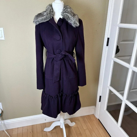 BANANA USA Fur Collar Purple Lined Coat Jacket w Ruffle Tie Belt Size Large - Picture 10 of 16